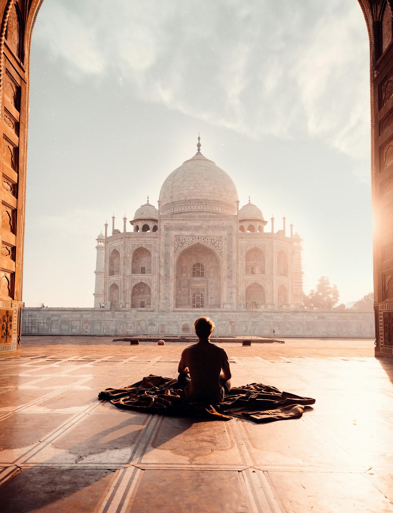 Meditation in front of the Taj Mahal.